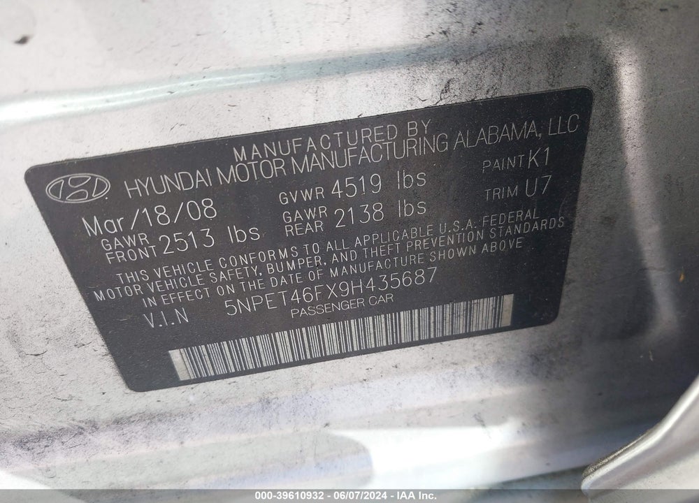2009 HYUNDAI SONATA GLS V6 VIN: 5NPET46FX9H435687