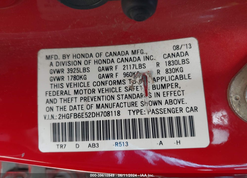2013 HONDA CIVIC SI VIN: 2HGFB6E52DH708118