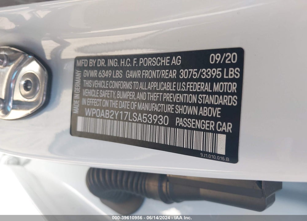 2020 PORSCHE TAYCAN 4S VIN: WP0AB2Y17LSA53930
