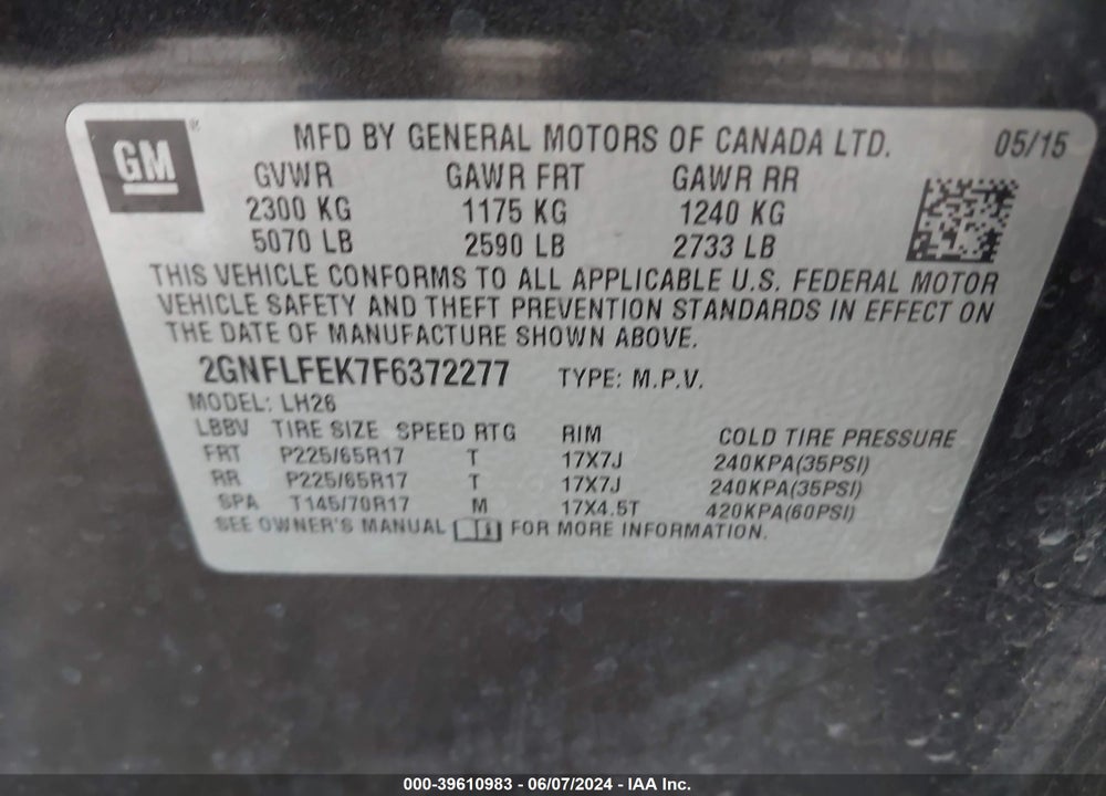 2015 CHEVROLET EQUINOX 1LT VIN: 2GNFLFEK7F6372277