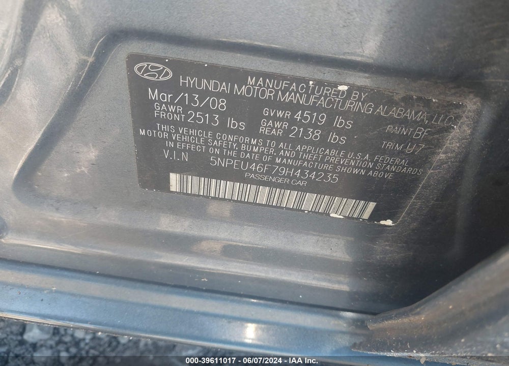 2009 HYUNDAI SONATA SE V6 VIN: 5NPEU46F79H434235