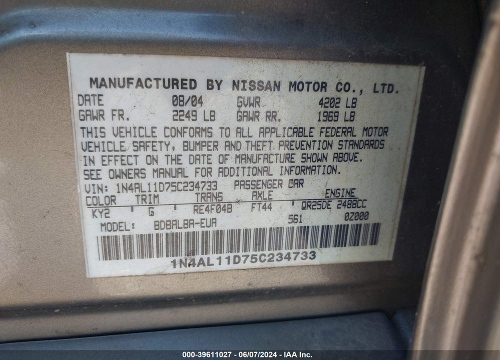 2005 NISSAN ALTIMA 2.5 S VIN: 1N4AL11D75C234733