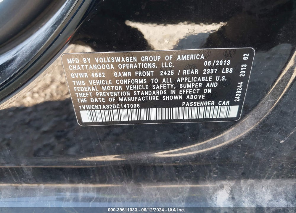 2013 VOLKSWAGEN PASSAT 2.0L TDI SEL PREMIUM VIN: 1VWCN7A32DC147096