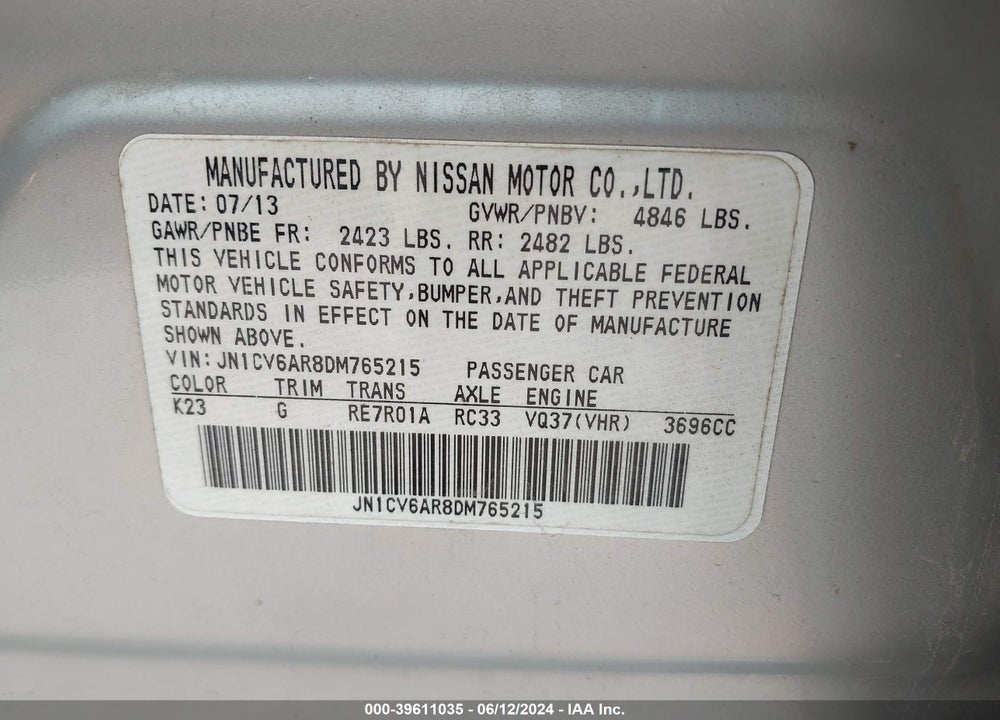2013 INFINITI G37X VIN: JN1CV6AR8DM765215