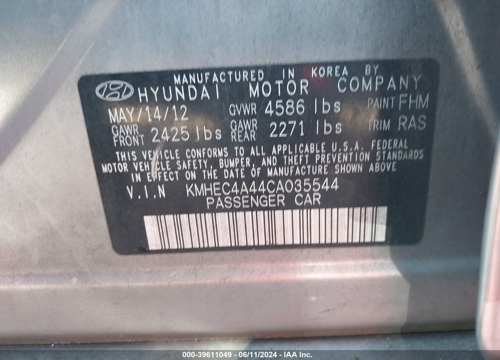 2012 HYUNDAI SONATA HYBRID VIN: KMHEC4A44CA035544