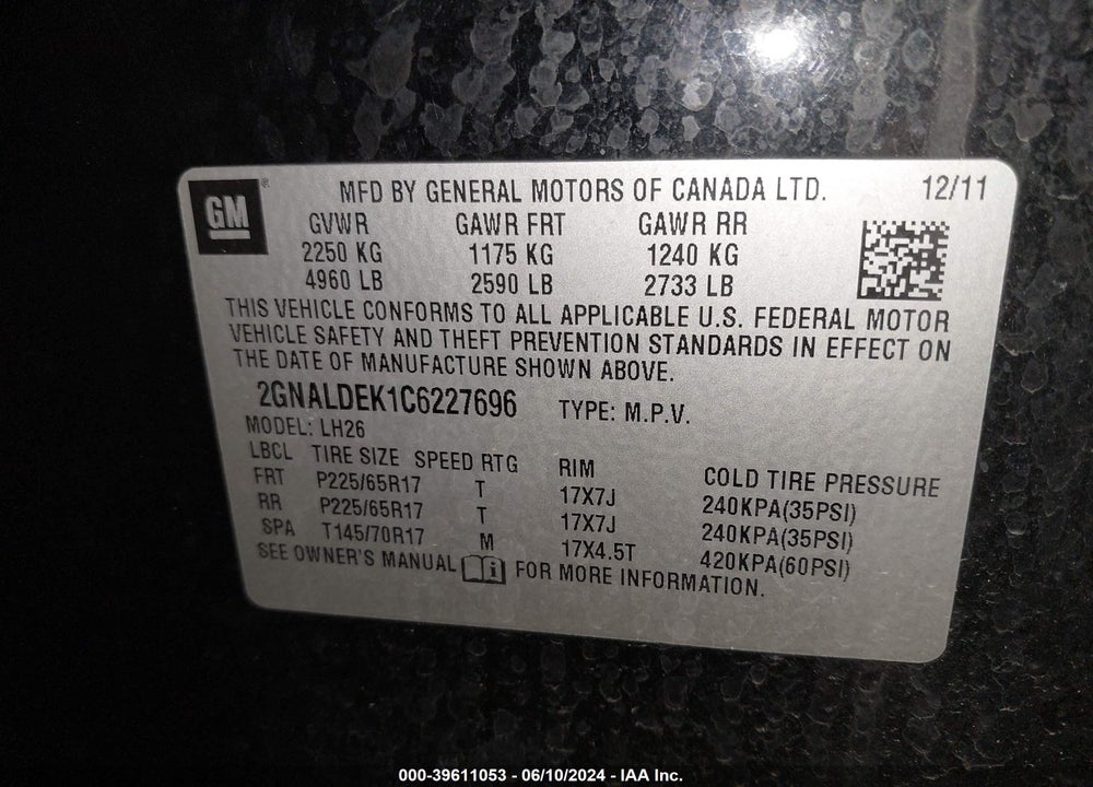 2012 CHEVROLET EQUINOX 1LT VIN: 2GNALDEK1C6227696