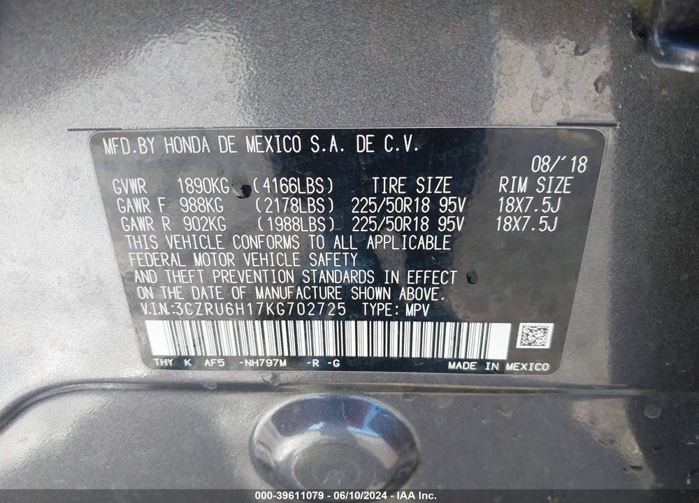2019 HONDA HR-V SPORT VIN: 3CZRU6H17KG702725
