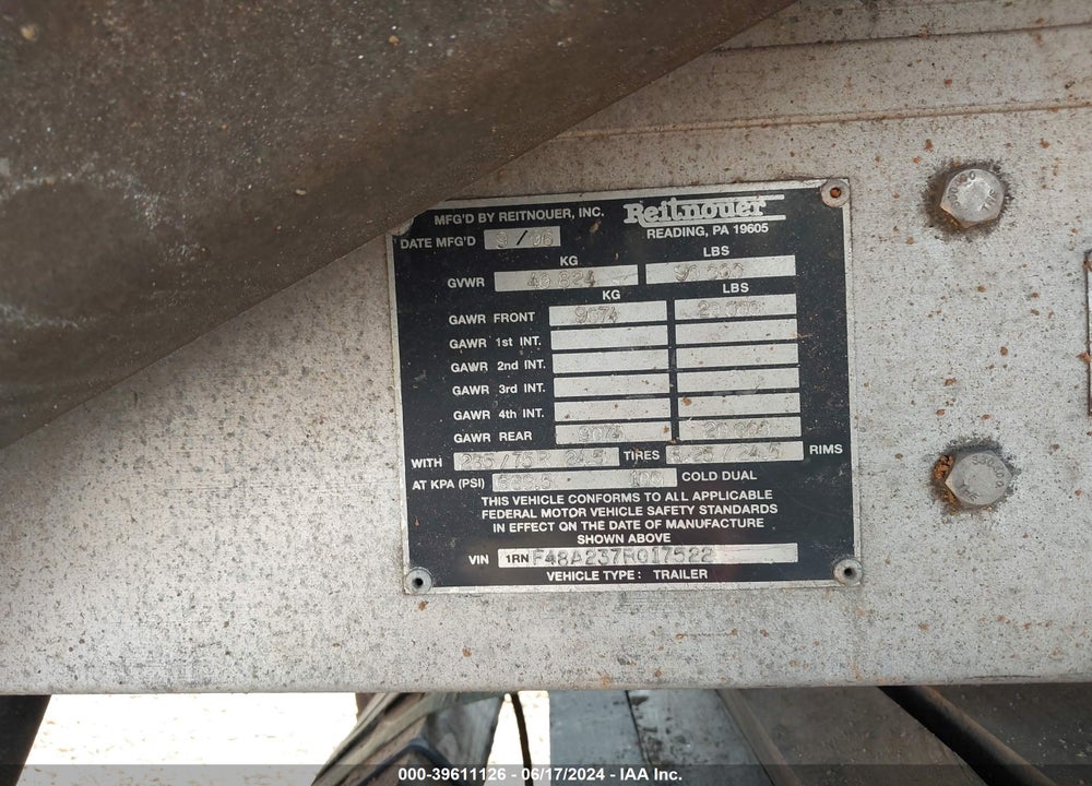 2007 REITNOUER TRAILER VIN: 1RNF48A237R017522