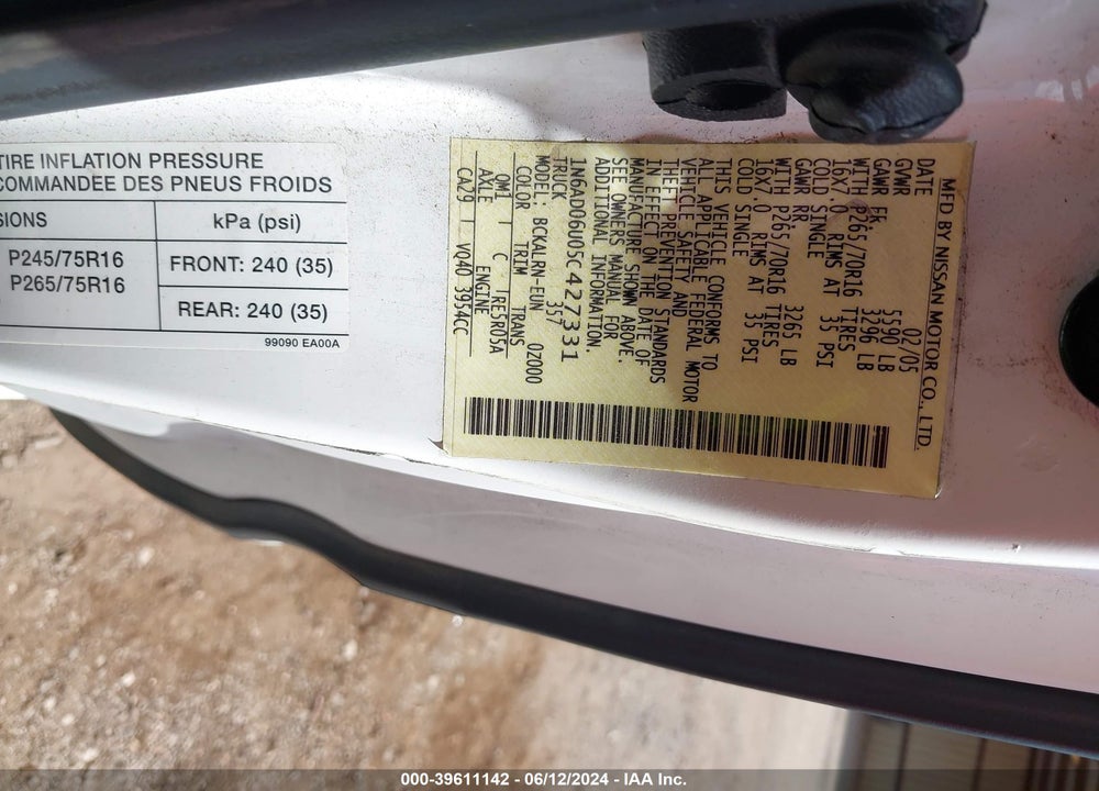 2005 NISSAN FRONTIER SE VIN: 1N6AD06U05C427331