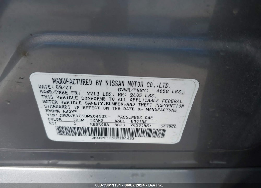 2008 INFINITI G35 JOURNEY VIN: JNKBV61E58M204433