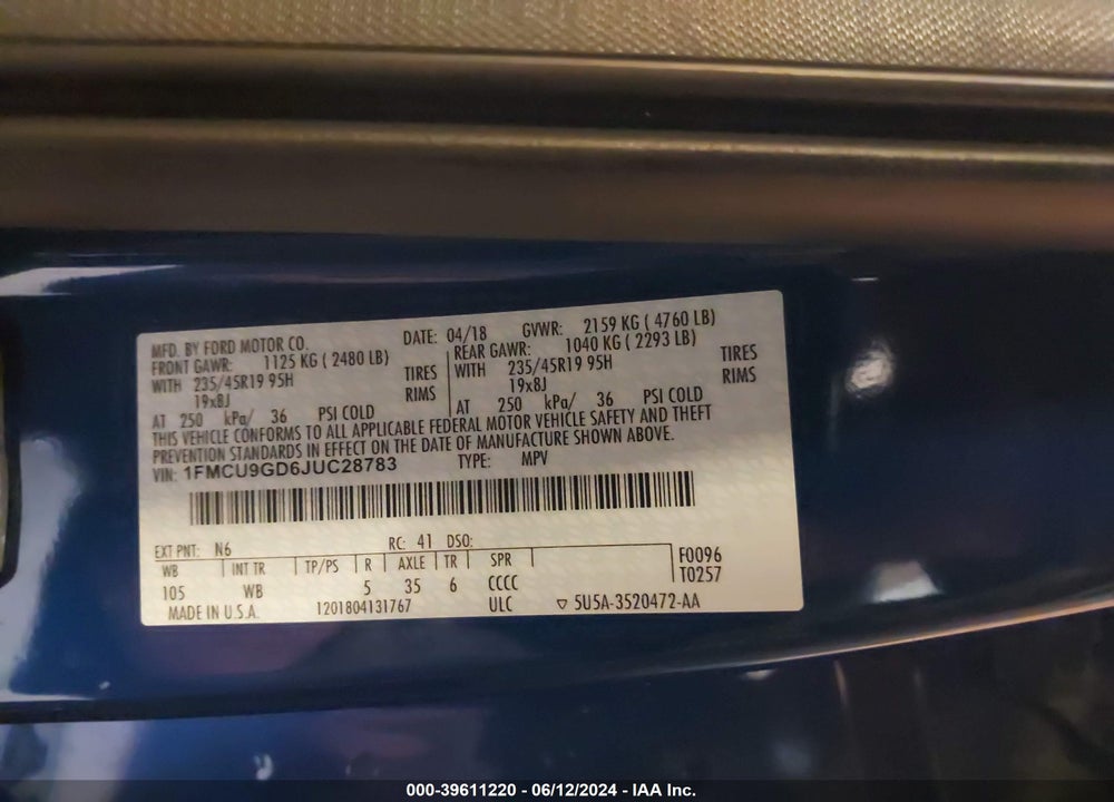 2018 FORD ESCAPE SE VIN: 1FMCU9GD6JUC28783