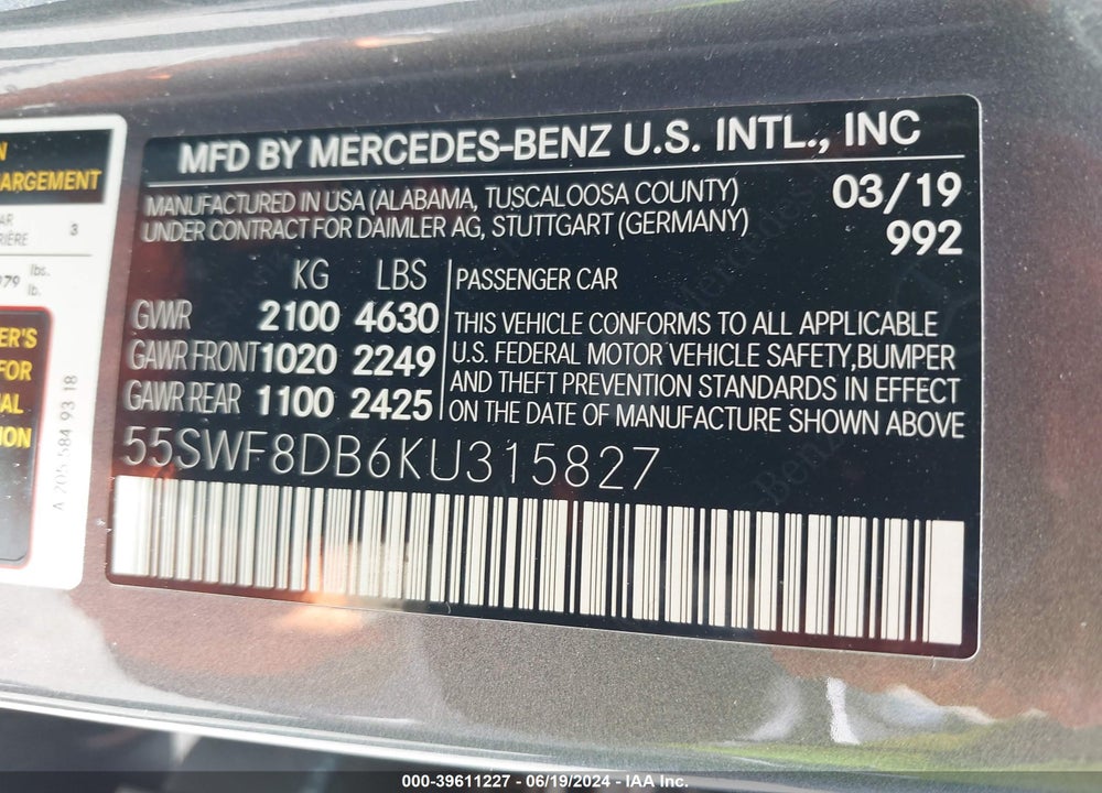 2019 MERCEDES-BENZ C 300 VIN: 55SWF8DB6KU315827