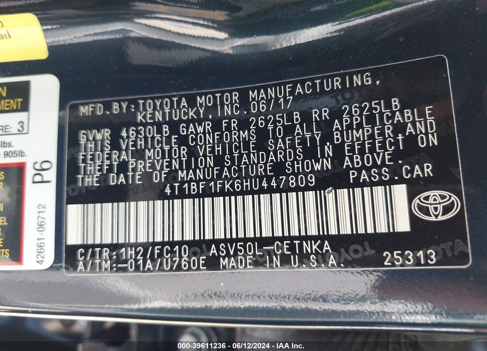 2017 TOYOTA CAMRY LE VIN: 4T1BF1FK6HU447809