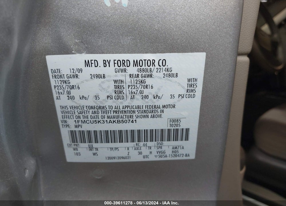 2010 FORD ESCAPE HYBRID LIMITED VIN: 1FMCU5K31AKB50741