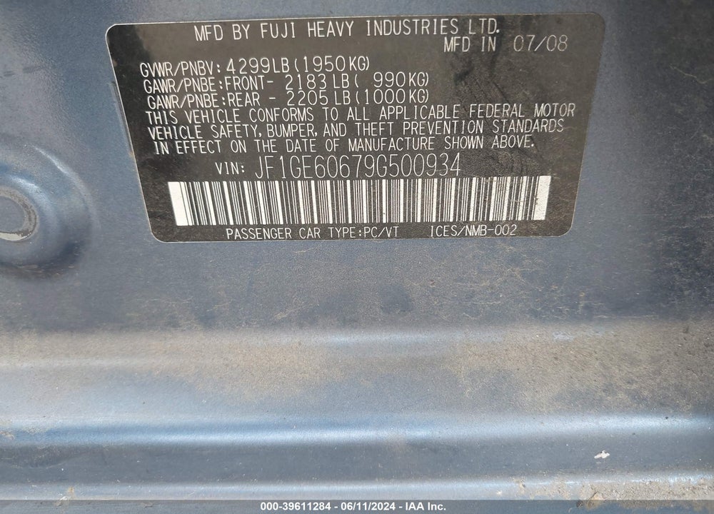 2009 SUBARU IMPREZA 2.5I VIN: JF1GE60679G500934
