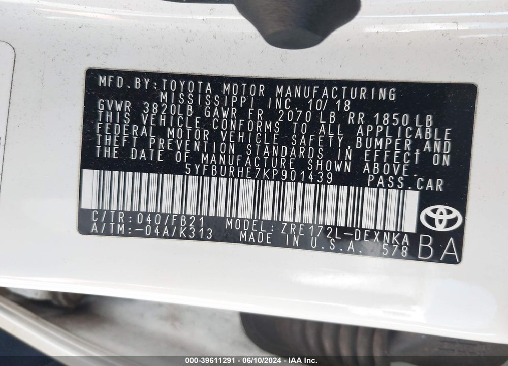 2019 TOYOTA COROLLA LE VIN: 5YFBURHE7KP901439