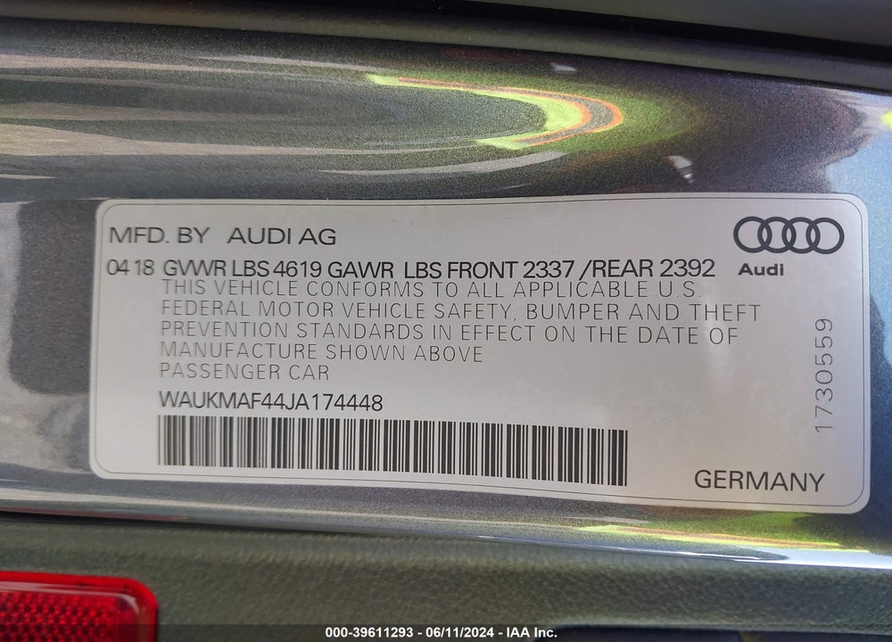2018 AUDI A4 2.0T TECH ULTRA PREMIUM/2.0T ULTRA PREMIUM VIN: WAUKMAF44JA174448