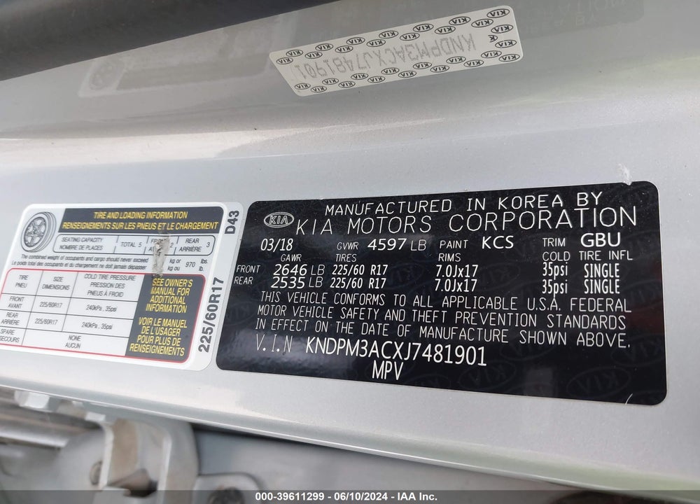 2018 KIA SPORTAGE LX VIN: KNDPM3ACXJ7481901