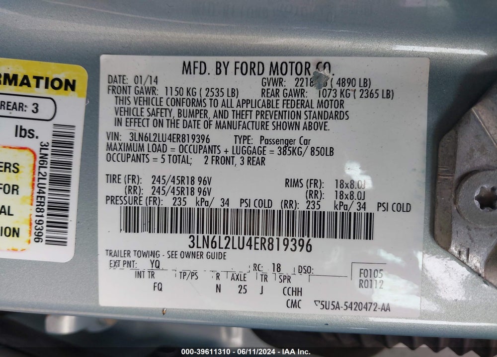 2014 LINCOLN MKZ HYBRID VIN: 3LN6L2LU4ER819396