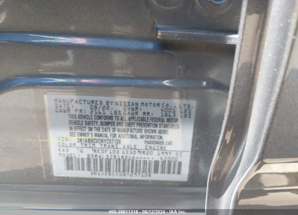2022 NISSAN SENTRA SV XTRONIC CVT VIN: 3N1AB8CV0NY297128
