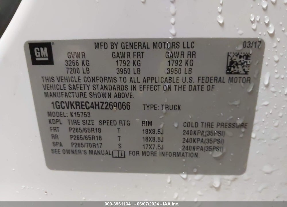 2017 CHEVROLET SILVERADO 1500 2LT VIN: 1GCVKREC4HZ269066
