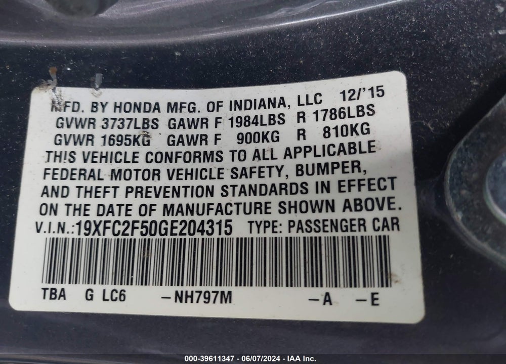 2016 HONDA CIVIC LX VIN: 19XFC2F50GE204315