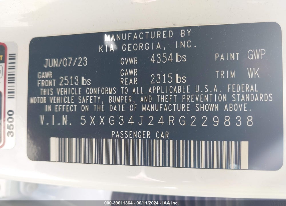 2024 KIA K5 EX VIN: 5XXG34J24RG229838