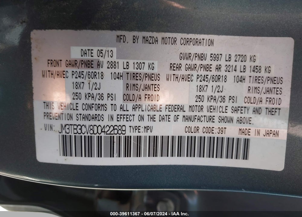 2013 MAZDA CX-9 TOURING VIN: JM3TB3CV8D0422689