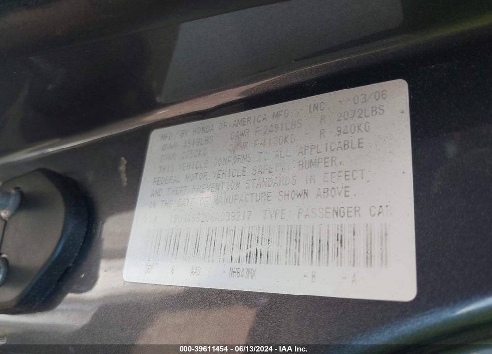 2006 ACURA TL VIN: 19UUA66206A039217