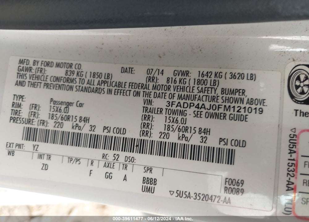 2015 FORD FIESTA S VIN: 3FADP4AJ0FM121019
