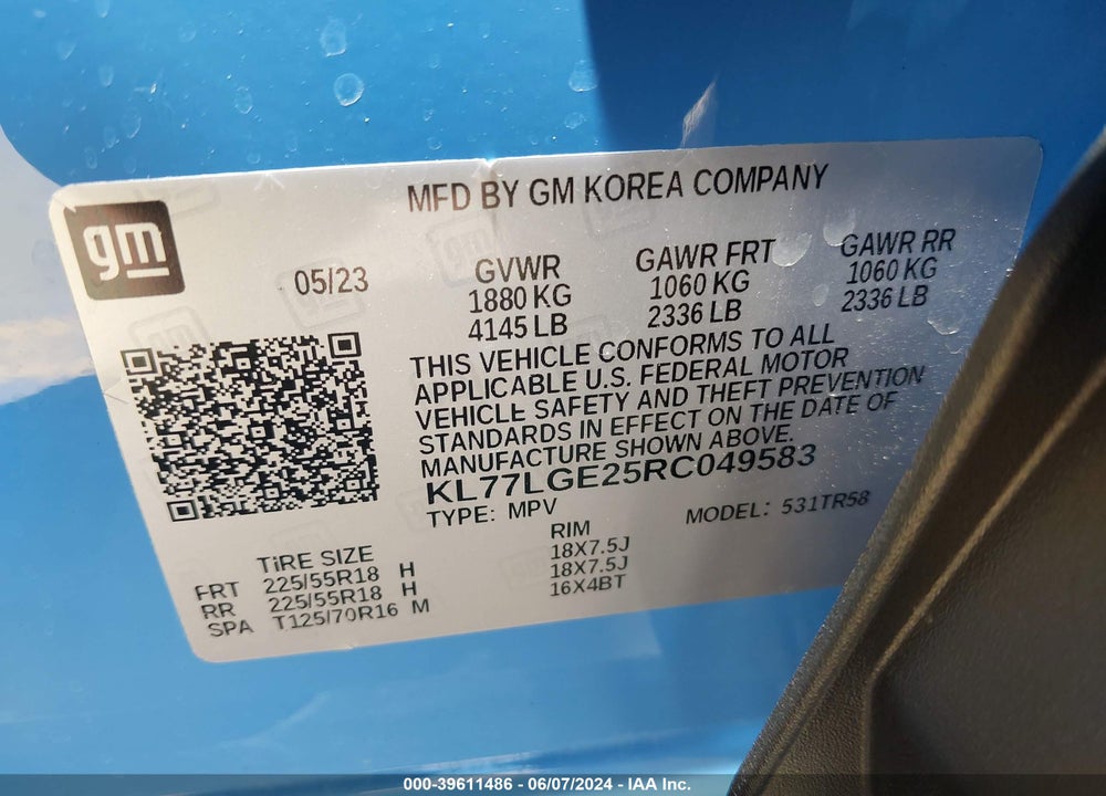 2024 CHEVROLET TRAX FWD 1RS VIN: KL77LGE25RC049583