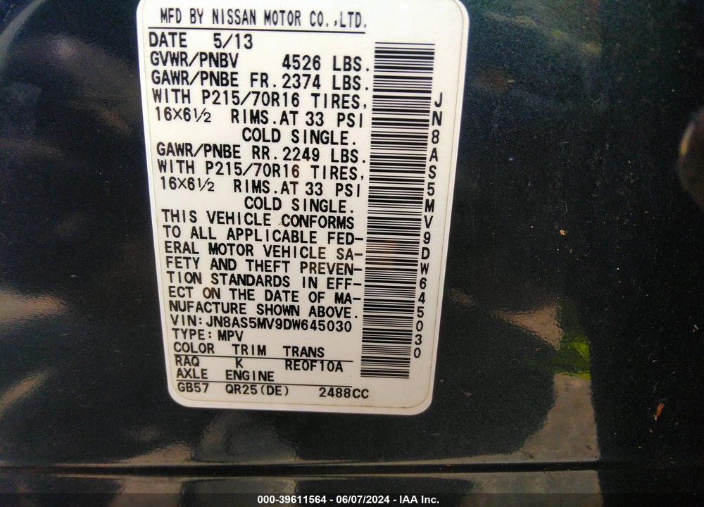 2013 NISSAN ROGUE S VIN: JN8AS5MV9DW645030