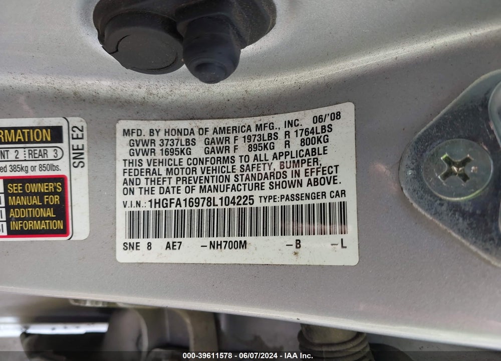 2008 HONDA CIVIC EX-L VIN: 1HGFA16978L104225