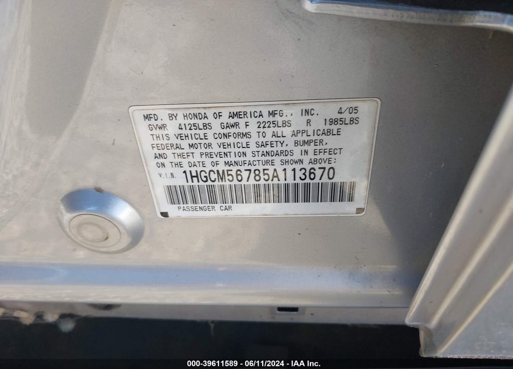 2005 HONDA ACCORD VIN: 1HGCM56785A113670