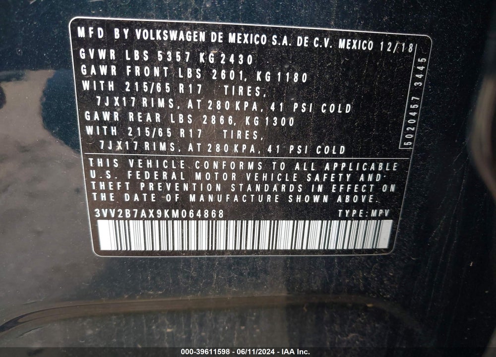2019 VOLKSWAGEN TIGUAN VIN: 3VV2B7AX9KM064868