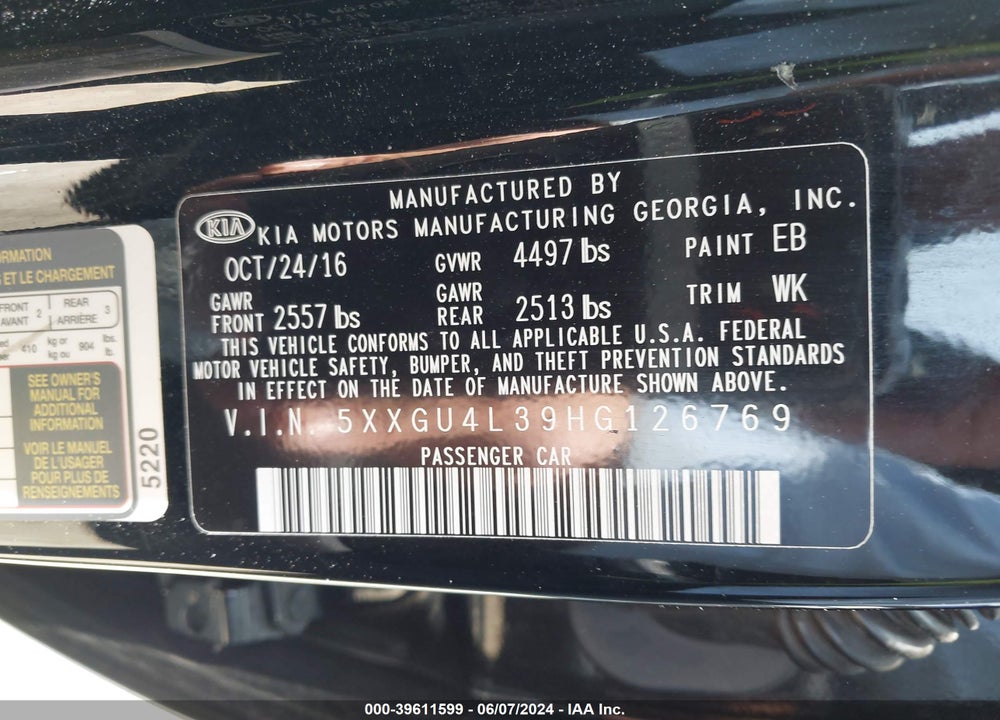 2017 KIA OPTIMA EX VIN: 5XXGU4L39HG126769