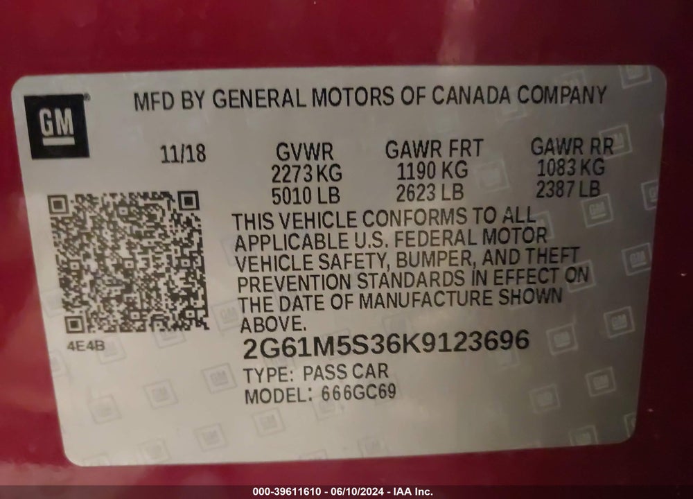 2019 CADILLAC XTS LUXURY VIN: 2G61M5S36K9123696