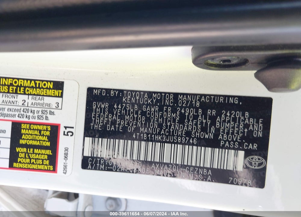 2018 TOYOTA CAMRY LE VIN: 4T1B11HK3JU589746