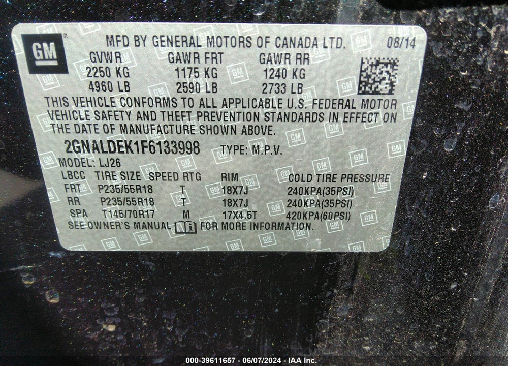 2015 CHEVROLET EQUINOX LTZ VIN: 2GNALDEK1F6133998