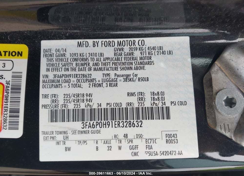 2014 FORD FUSION SE VIN: 3FA6P0H91ER328632