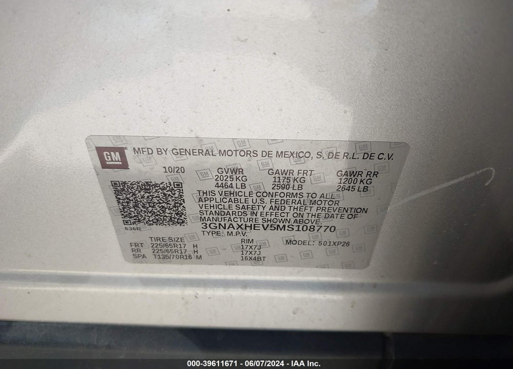 2021 CHEVROLET EQUINOX FWD LS VIN: 3GNAXHEV5MS108770