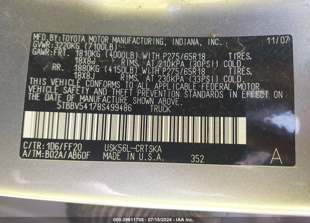 2008 TOYOTA TUNDRA SR5 5.7L V8 VIN: 5TBBV54178S499486