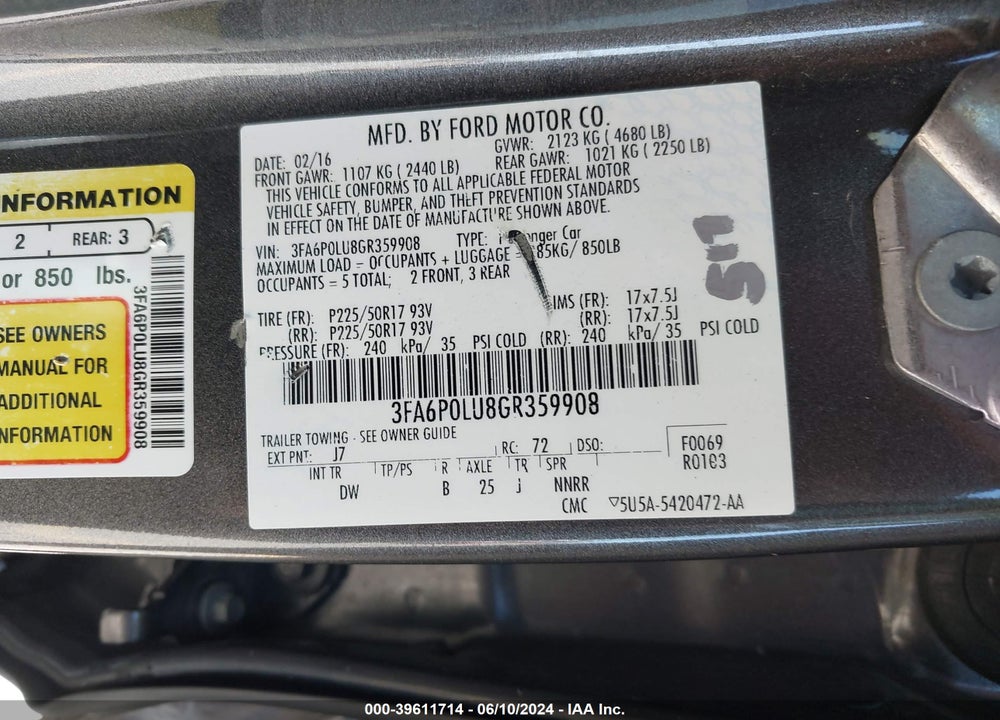 2016 FORD FUSION HYBRID SE VIN: 3FA6P0LU8GR359908
