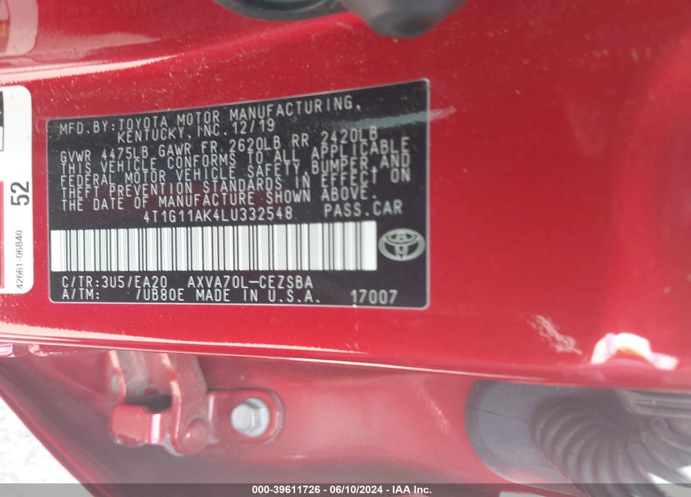 2020 TOYOTA CAMRY SE VIN: 4T1G11AK4LU332548