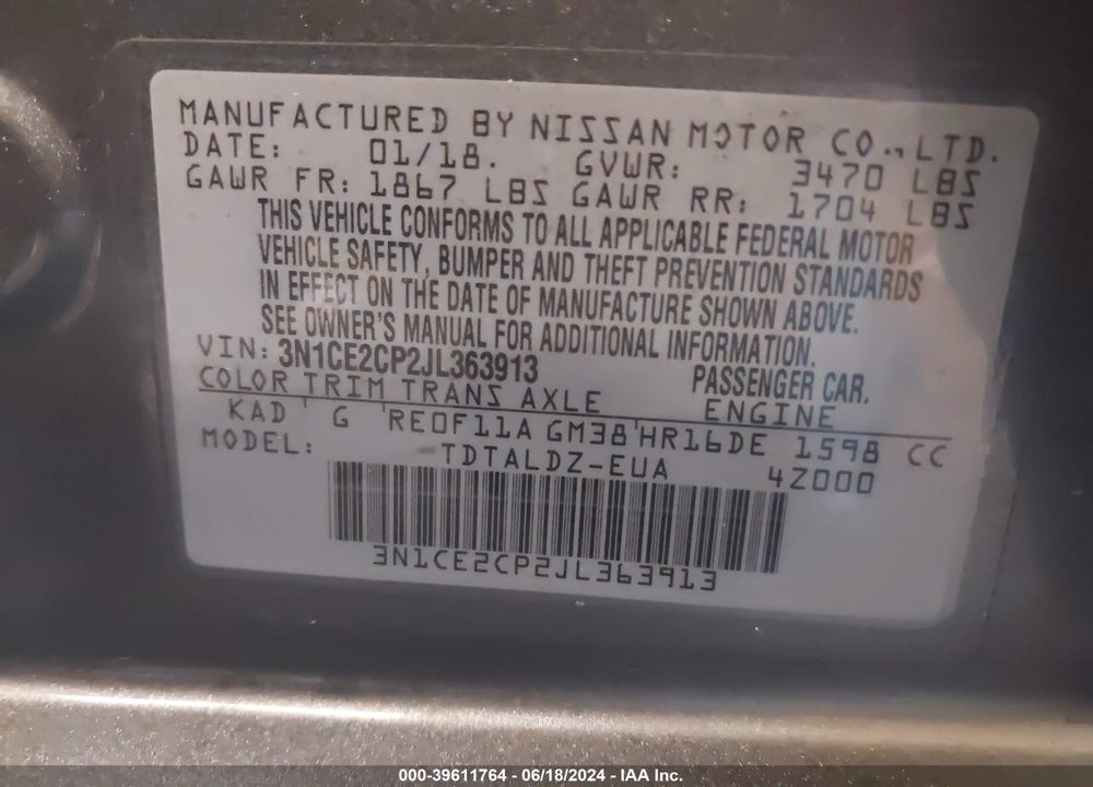 2018 NISSAN VERSA NOTE SV VIN: 3N1CE2CP2JL363913