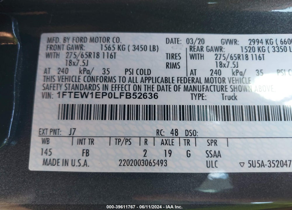 2020 FORD F-150 XLT VIN: 1FTEW1EP0LFB52636