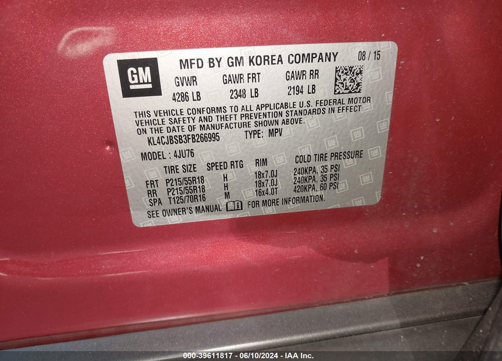 2015 BUICK ENCORE CONVENIENCE VIN: KL4CJBSB3FB266995