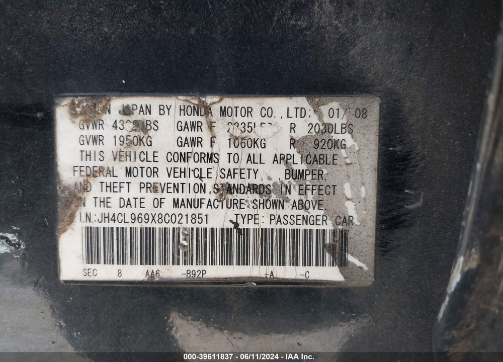 2008 ACURA TSX VIN: JH4CL969X8C021851