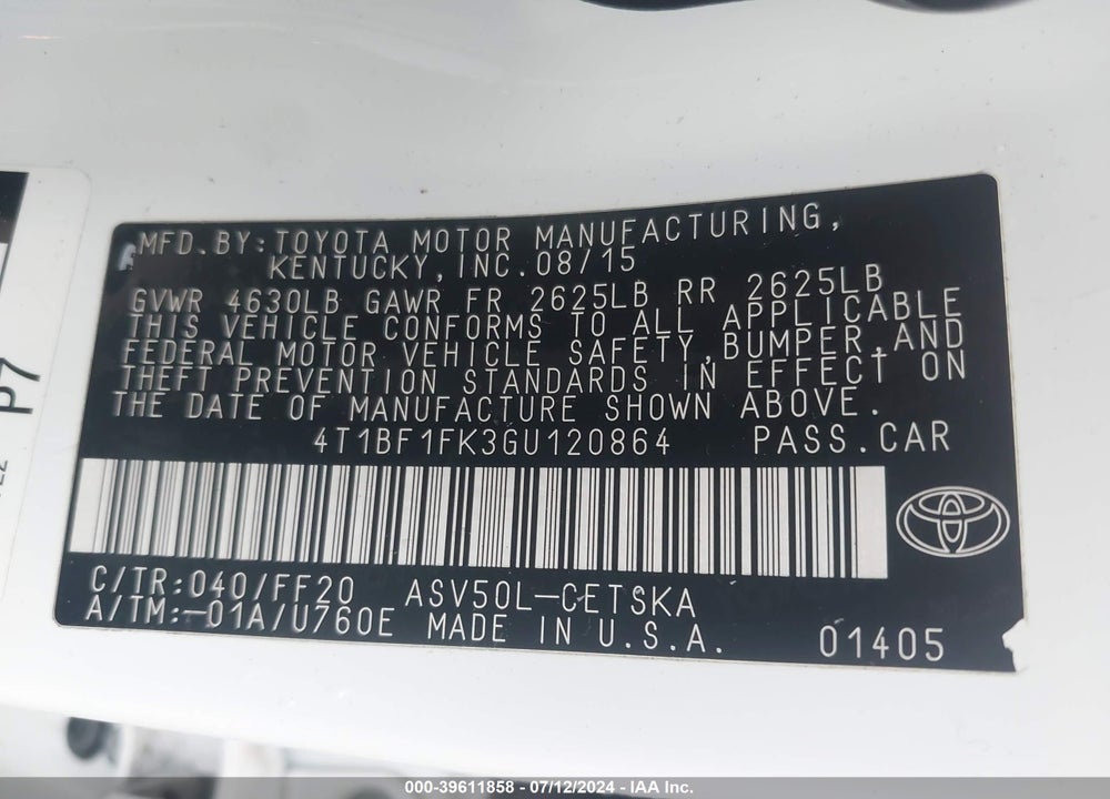 2016 TOYOTA CAMRY SE VIN: 4T1BF1FK3GU120864