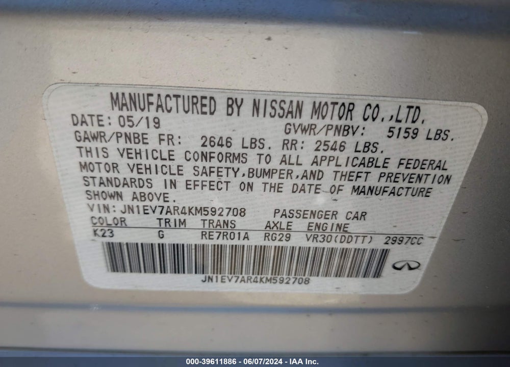 2019 INFINITI Q50 3.0T SIGNATURE EDITION VIN: JN1EV7AR4KM592708